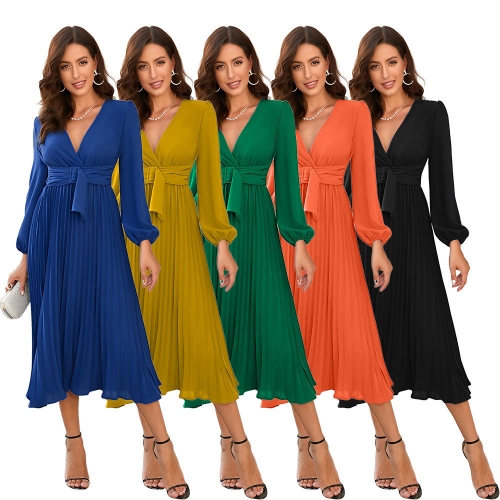 Women Long Sleeve Slim Pleated Belt V-neck Maxi Dress Women Casual Dress