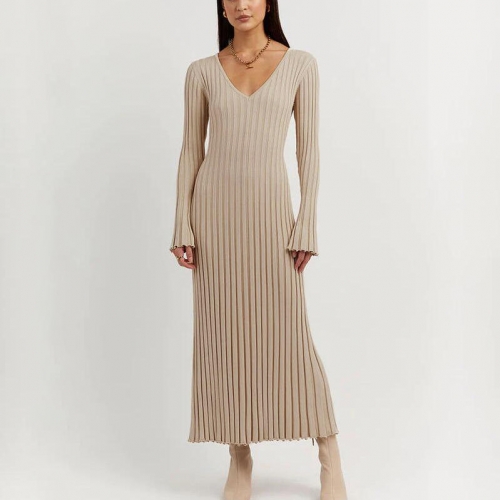 Elegant women knitted dress solid color fashion long sleeve dress women casual dress