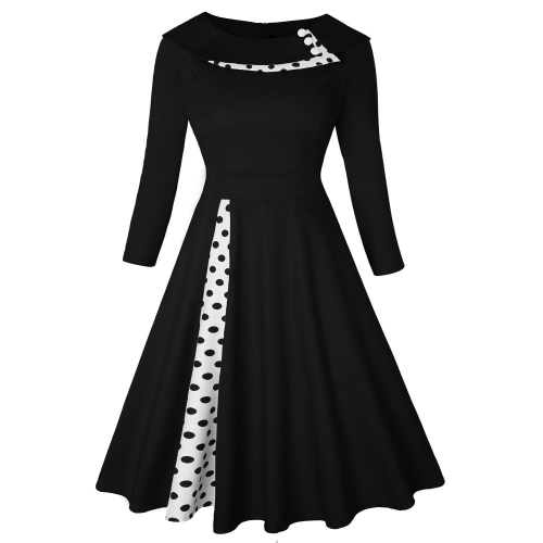 2023 Casual women's polka dot patchwork plus size three quarter sleeve vintage waist dresses