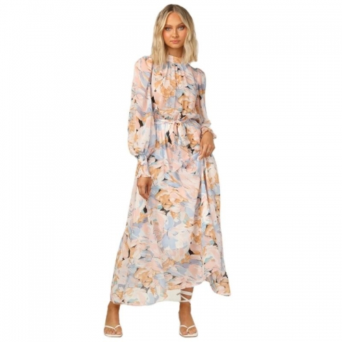 Women's casual long-sleeve patterned dress with a waistline dresses sexy