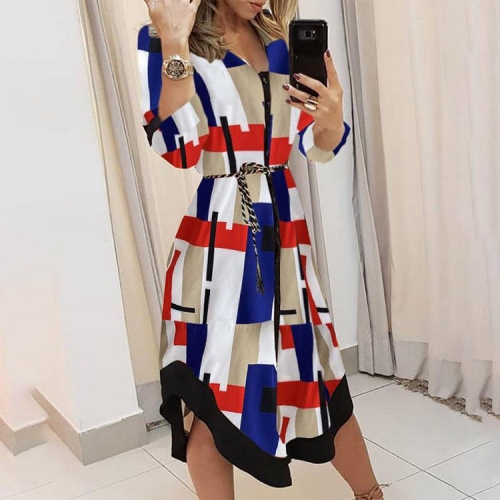 Fashion Women Dress Multicolor Geometric Print Casual Shirt Dress