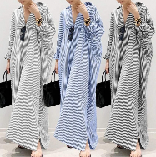 Fashion Women Dress Stripe Print Long Sleeve Dress With Button Women Casual Dresses