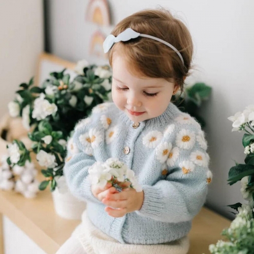 Heavy embroidery chamomile baby floral blouse children's clothes factory custom cotton little girl cardigan sweater