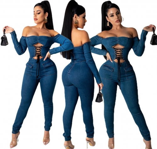 One Piece Jumpsuit Women Denim Sexy Off Shoulder Long Sleeve Rompers Women Jumpsuit