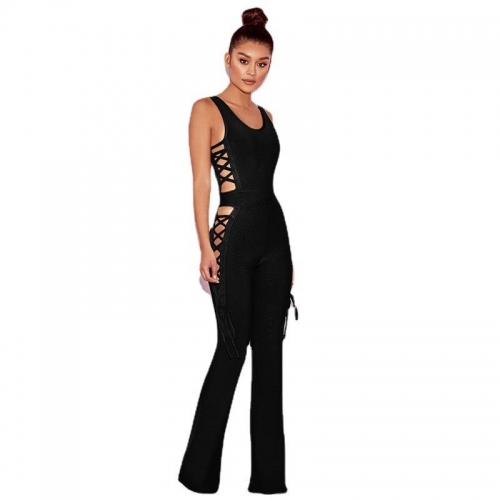 OEM Quality High Waist Knitted Women Jumpsuit with Tied String Fashion Sleeveless Cut Out Square Neck Women Jumpsuit