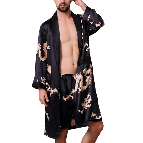 Men's Satin Pajama Set Siky Boxer Underwear Long Sleeves Pocket Dargon Bathbore Kit
