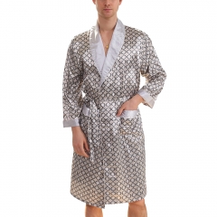 Men's Satin Pajama Set Silk Bathrobe Shorts Long Sleeves Pockets Soft Kimono Robe Set