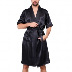 Men's Satin Pajama Set Short Sleeves Summer Boxer Shorts Spa Pockets Bathrobe Kit