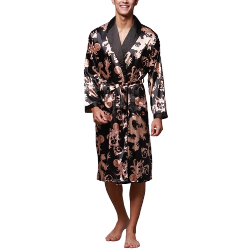Men's Satin Kimono robe Silk Spa Bathrobe Luxurious Dragon Robe Pockets Loungewear