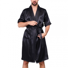 Men's Satin Kimono Robe Silk Short Sleeves Summer Bathrobe Pockets Nightgown Robes