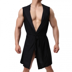 Men's Silk Kimono Robe Hooded Bathrobe Sleeveless Lightweight Sleepwear Pajamas