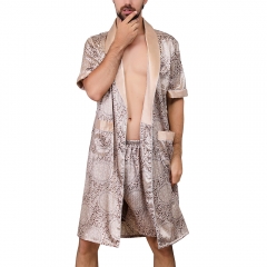 Men's Satin Pajama Set Short Sleeves Summer Pockets Boxer Underwear Spa Bathrobe