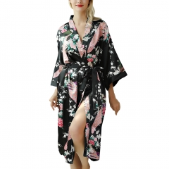 Women's Satin Kimono Robe Silk Floral Loungewear Peacock Soft Lightweight Bathrobe