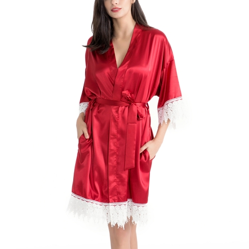 Women's Satin Silk Kimono Robes Bridesmaid Wedding Pocket Bath Robe Lace Trim