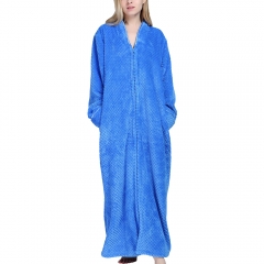 Women's Fleece Robe Waffle Soft Zip Up Front Pocket Long Bathrobe Loungewear