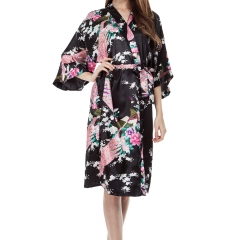 Women's Satin Kimono Robe Silk Bridal Loungewear Long Thin Peacock Print Nightgown