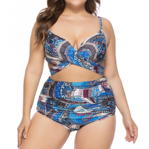 Women's 2 Piece Swimsuit Plus Size Bathing High Waisted Suit Bikini Printed