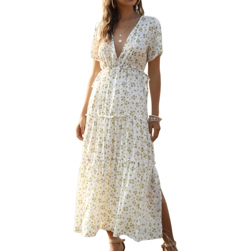 Women's Summer Maxi Dress Deep V Neck Short Sleeve Ruffle Long Boho Casual Dresses