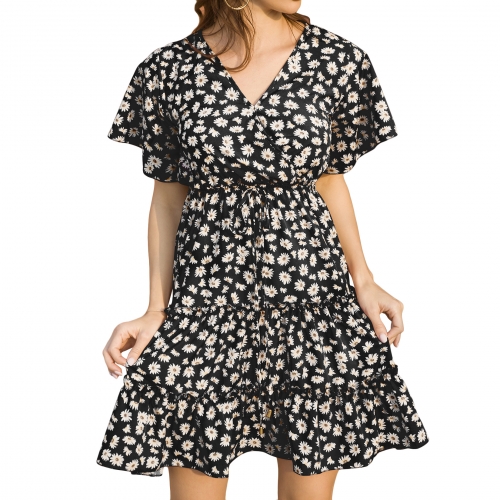 Women's V Neck Dress Party Short Sleeve Dresses Ruffle Mini Ruched Casual Short Swing