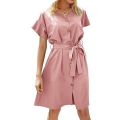 Women's V Neck Dresses Short Sleeve Dress Ruffle Mini Casual Summer Button Down