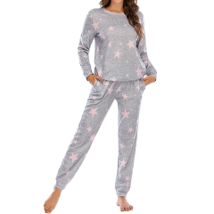 Women's Long Sleeve Pajama Set PJ Pants 2 Piece Jogger Sleepwear Star Loungewear with Pocket