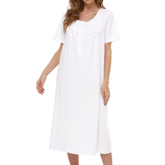 Women's Cotton Nightgown Vintage Sleepwear Short Sleeve Sleep Dress Night Gown