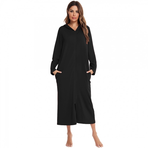 Women's Long Robe Hooded Zipper House Coat Full Length Solid Pocket Housecoat