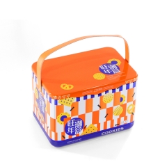 Orange color rectangular tin box with leather handle