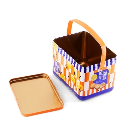Orange color rectangular tin box with leather handle