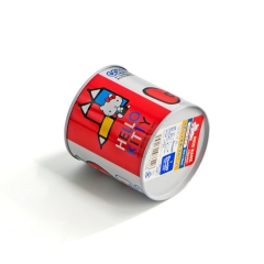 Red and white print round coin bank tin box