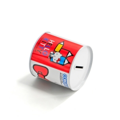 Red and white print round coin bank tin box