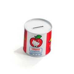 Red and white print round coin bank tin box