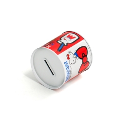 Red and white print round coin bank tin box