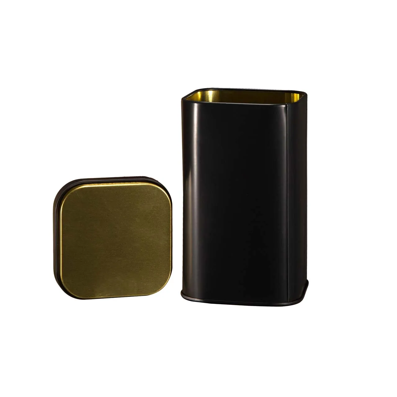 Elegant Black and Gold Square Tin Box with Hinged Lid for Storage 4