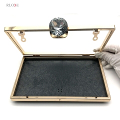 Thin Model Rectangular Shape Diamonds Head Decoration Light Gold Purse Metal Frame With Plastic Box 7.9 x 4.8 Inch