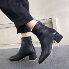 Producing Boot wholesale Squared V neckline toe real leather bootie Women's Ankle Chunky heel boots