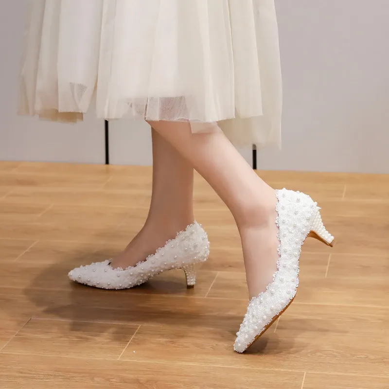 Shoe Producer Women's footwear lace building mini heel shoes wedding pumps