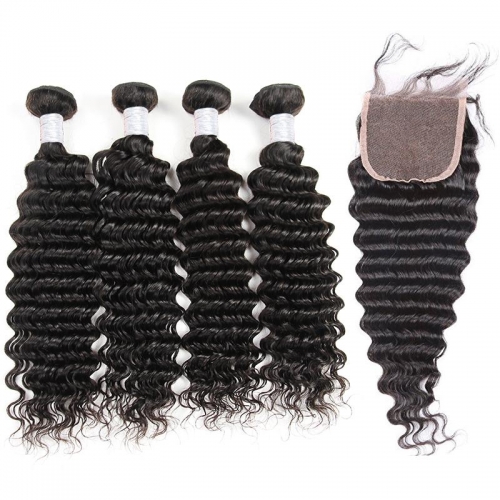 (3PCS+1) 3PCS/4PCS 100% Human Hair Natural Color Deep wave Bundles-9A & 1PC 4x4 Lace Closure Free Part