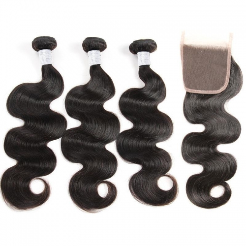 (3pcs+1)100% Human Hair Natural Color Body wave Bundles-9A &amp; 1PC 4x4 Lace Closure Free Part