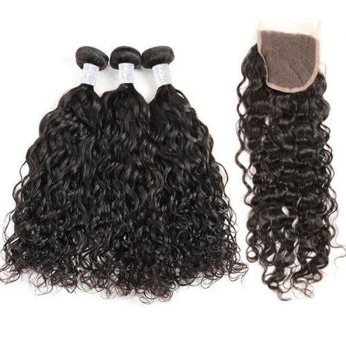 (3PCS+1) 3PCS 100% Human Hair Natural Color Water wave Bundles-9A &amp; 1PC 4x4 Lace Closure Free Part