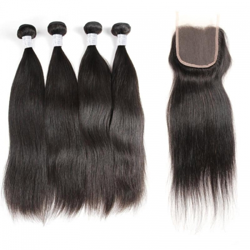 (3PCS+1)  100% Human Hair Natural Color Straight Bundles-9A & 1PC 4x4 Lace Closure Free Part