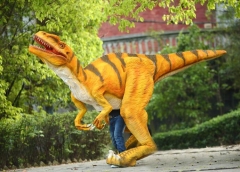 Modelo de velociraptor disfraz de dinosaurio caminando