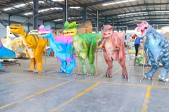 Colorful walking dinosaur suit in hidden legs