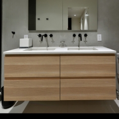 Wood tone wall mounted vanity