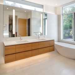 Wood tone wall mounted double bowl vanity