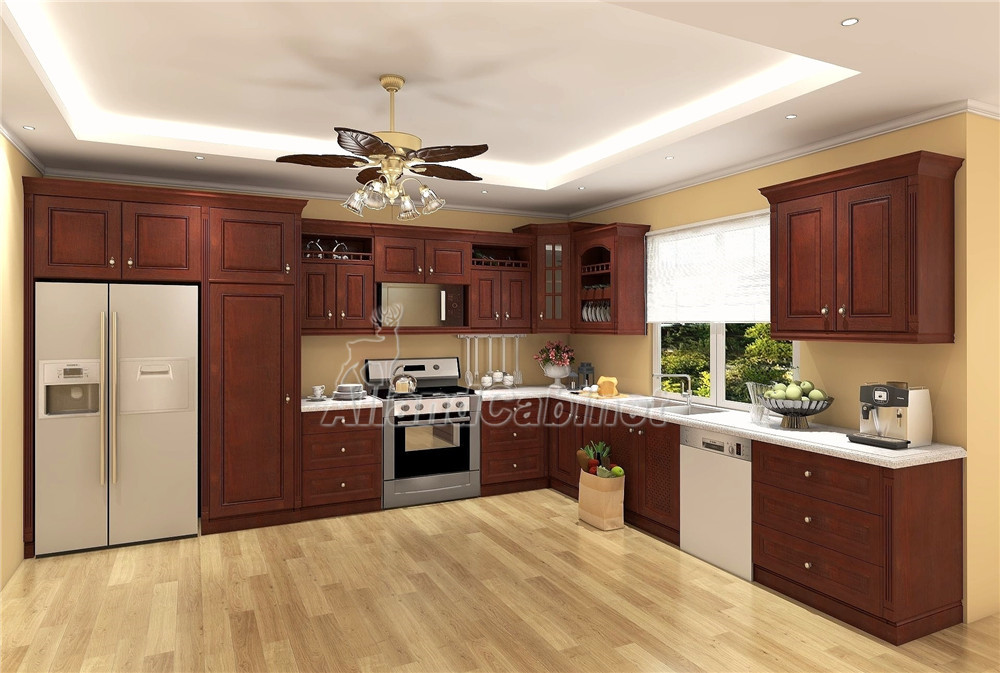 Allandcabinet dark brown L shaped solid wood kitchen cabinet