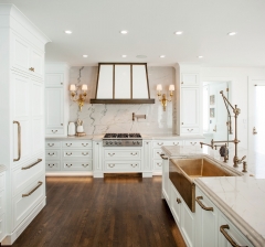 Tansitional white kitchen with gold brass accent and framed insert door-Allandcabinet