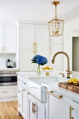 Transitional white painted shaker kitchen with gold accents- Allandcabinet