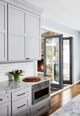 Light grey painted kitchen cabinet with navy blue island transional kitchen-Allandcabinet