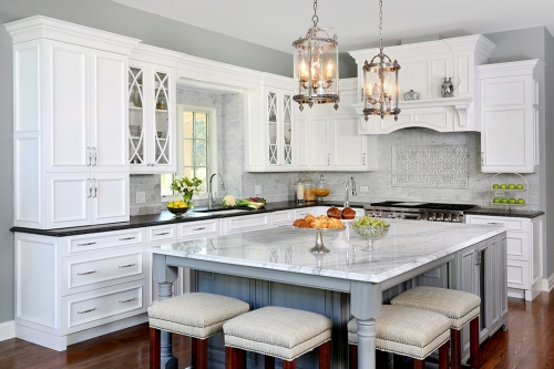 Provincial kitchen cabinet with mullion glass door and light grey painted island-Allandcabinet